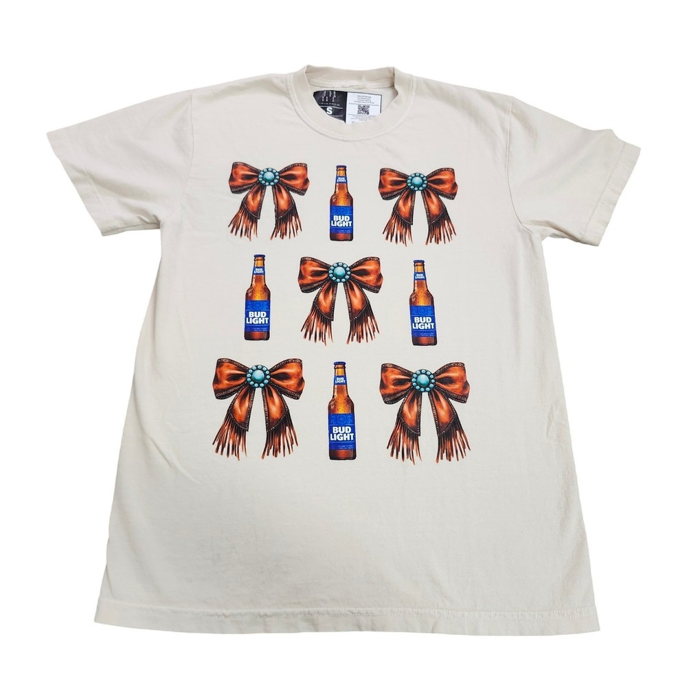 Cowgurl Hardware T-Shirt Womens S Bud Light Bows Cream Western Graphic EUC